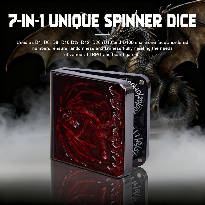 Luazuri Store 7-in-1 DND Pocket Spinner Dice Set, Foldable Flip Dice with Delicate Dragon Iron Box, Compact Dice Set for DND Role-Playing Games Fans (Red) - Image 3